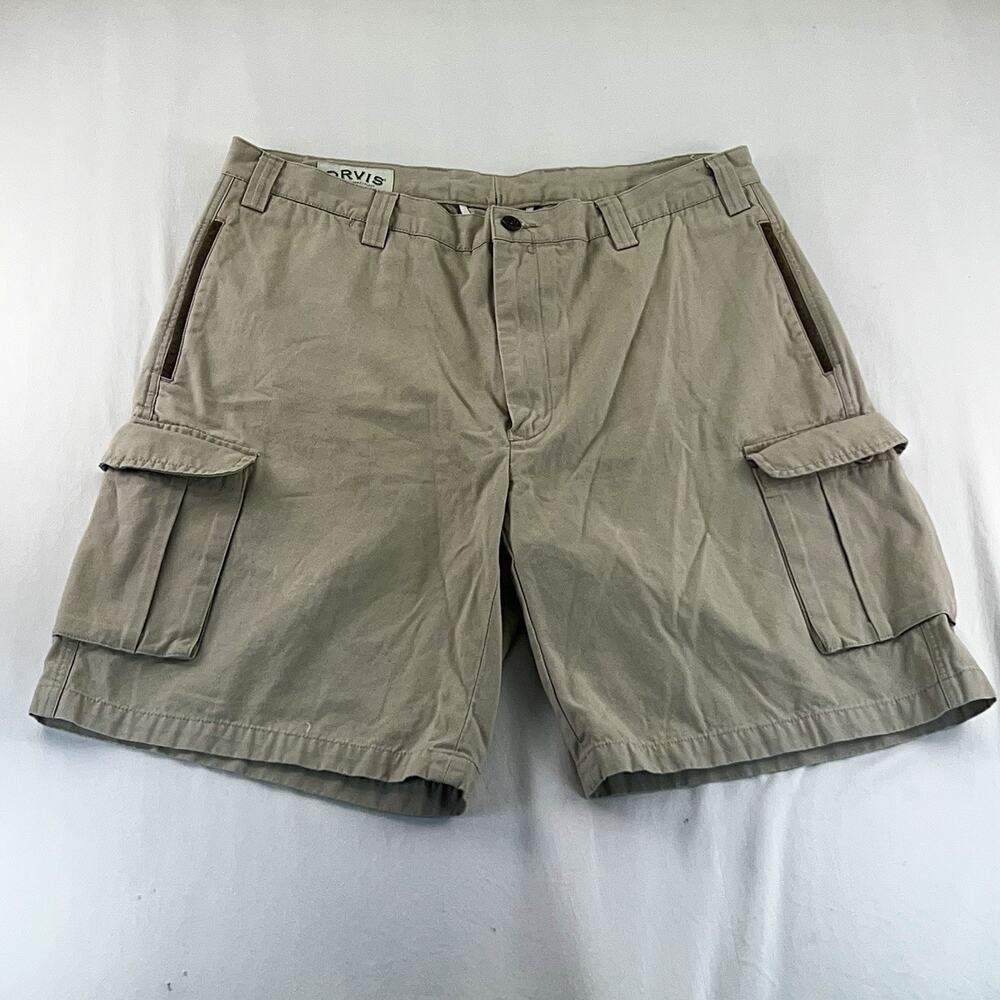Orvis Men's 38 Olive Green Cotton Cargo Shorts Adjustable Waist Utility Hiking